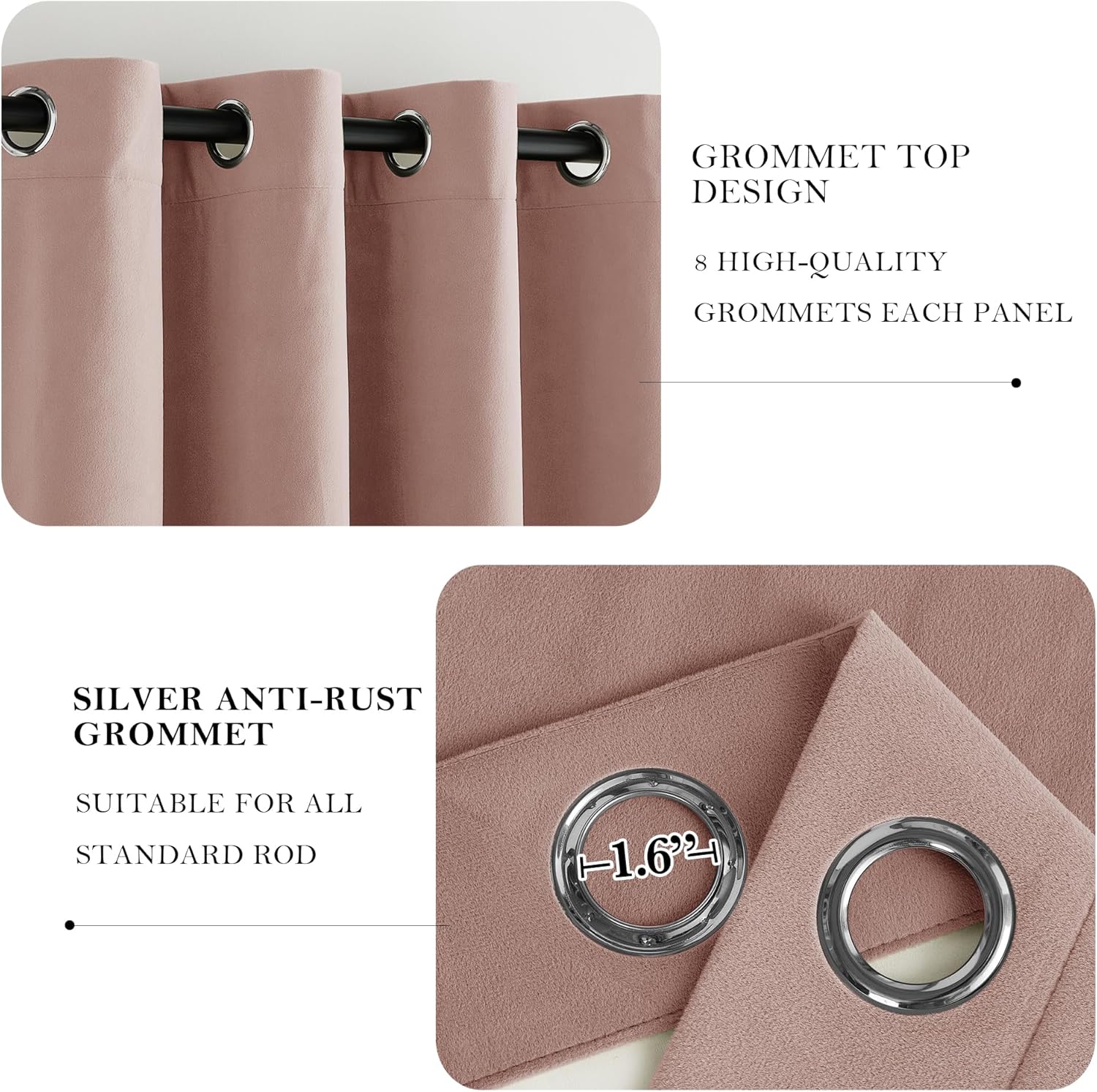 Dusty rose curtain panel featuring silver 1.6-inch anti-rust grommet top on a black rod.