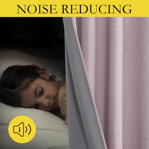 Textured dusty rose noise reducing curtains with gray lining, ensuring a quiet, dark sleep environment.