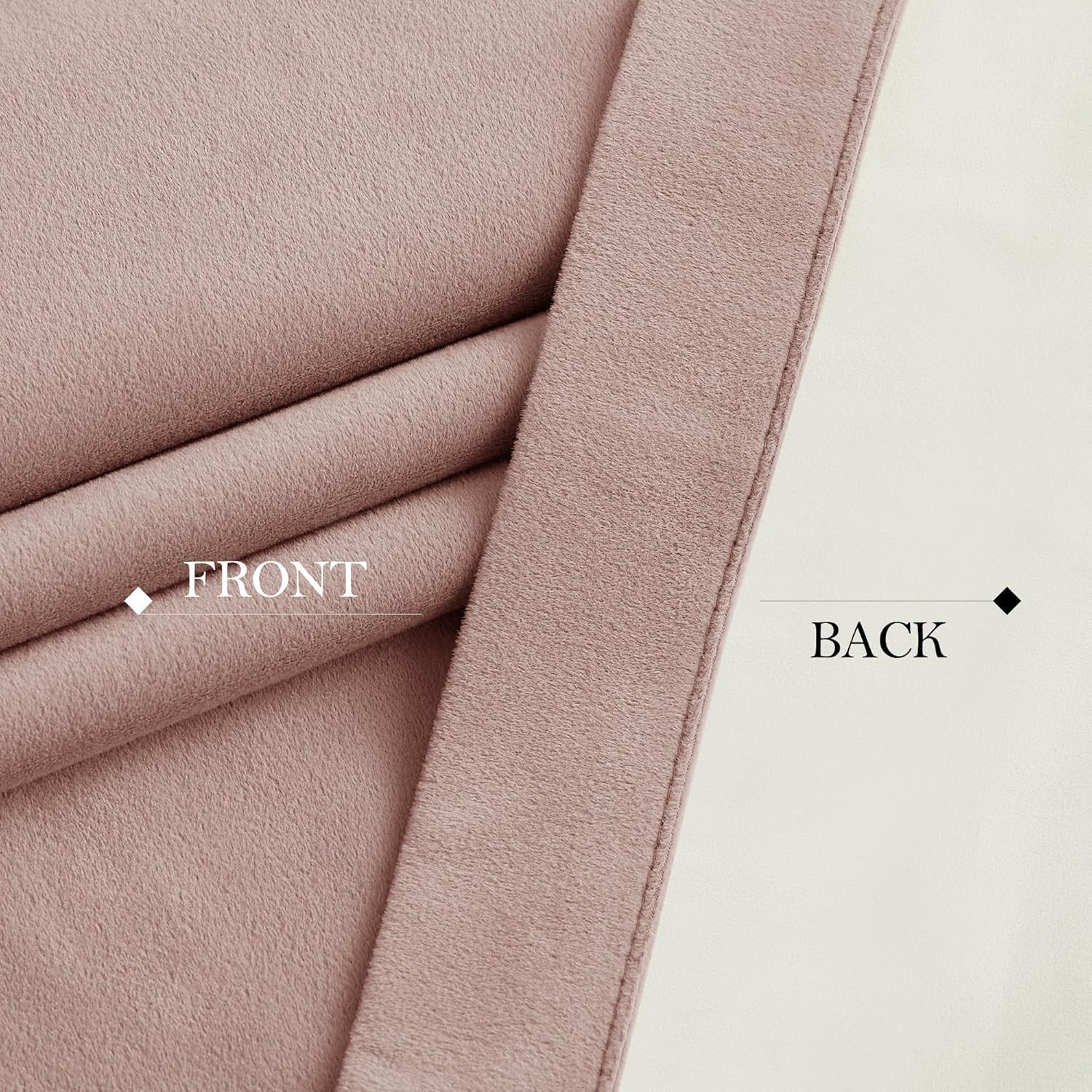 Close-up of dusty rose pink velvet blackout curtain fabric showing front and lighter back lining.