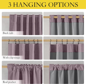 Dusty rose textured curtain, grey lining, showing back tab, clip ring, and rod pocket hanging options.