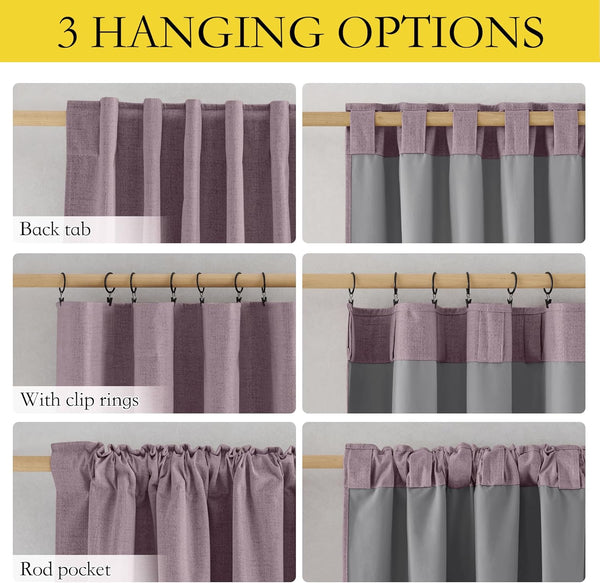 Dusty rose textured curtain, grey lining, showing back tab, clip ring, and rod pocket hanging options.