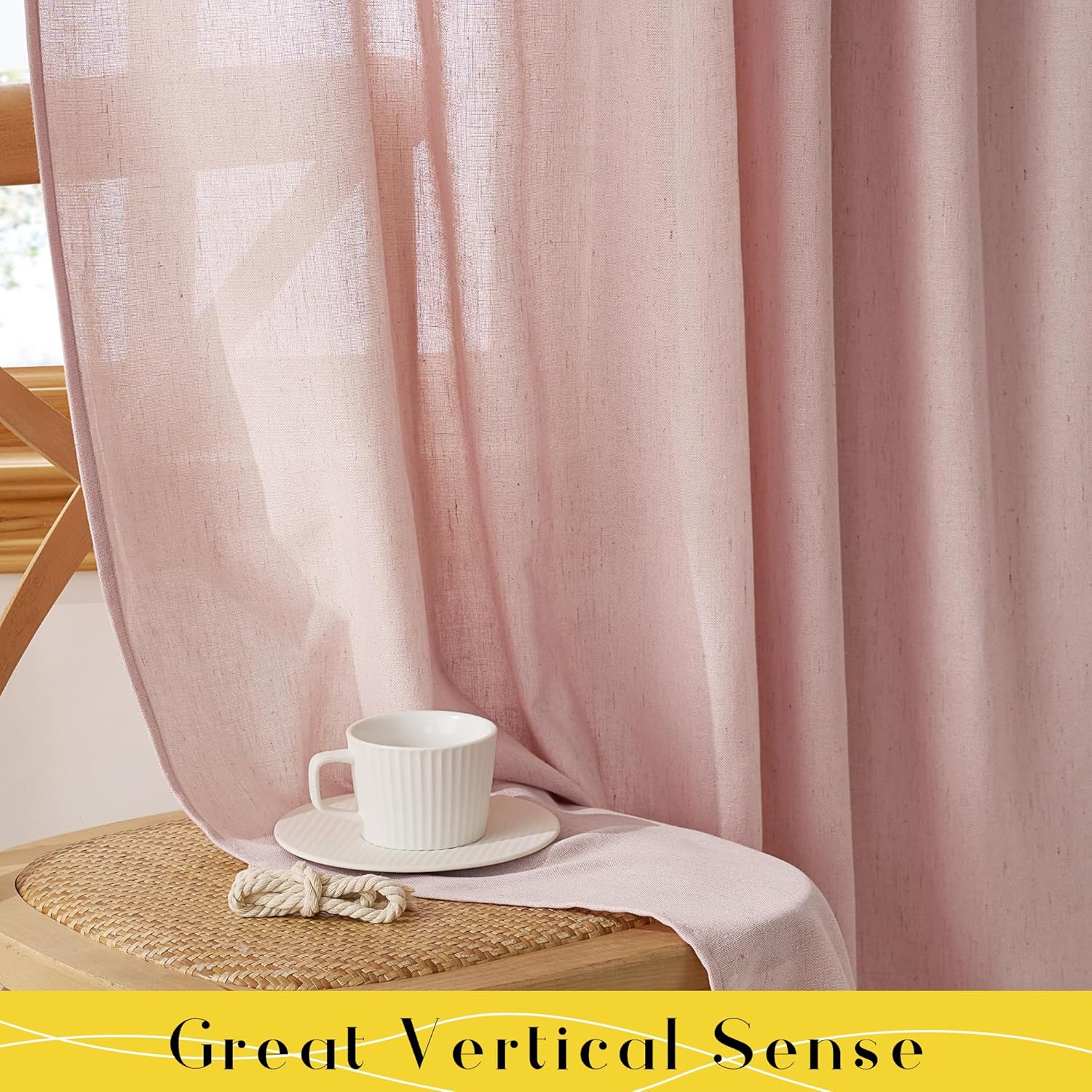 Soft dusty rose linen curtains with visible texture, gently draped by a sunlit window.