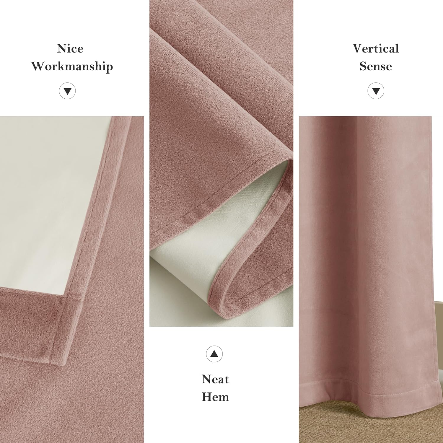 Dusty rose velvet blackout curtain showcasing soft textured fabric, precise stitching, and light-colored backing.