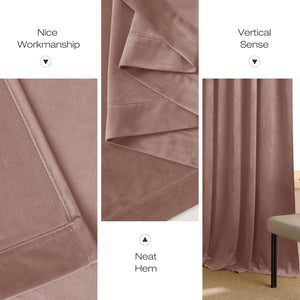 Close-up of a dusty rose velvet curtain panel, showcasing neat hem and smooth vertical drape.