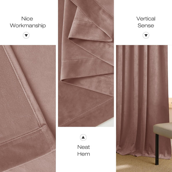 Close-up of a dusty rose velvet curtain panel, showcasing neat hem and smooth vertical drape.