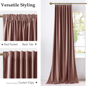 Plush dusty rose velvet curtain panel with rod pocket and back tab hanging styles displayed by a window.