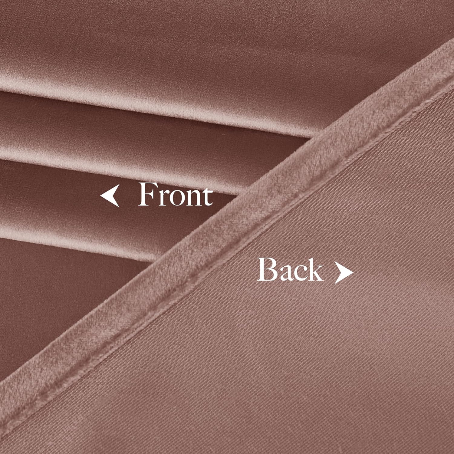 Visual comparison of a dusty rose velvet fabric's soft front and its neatly woven, textured back.