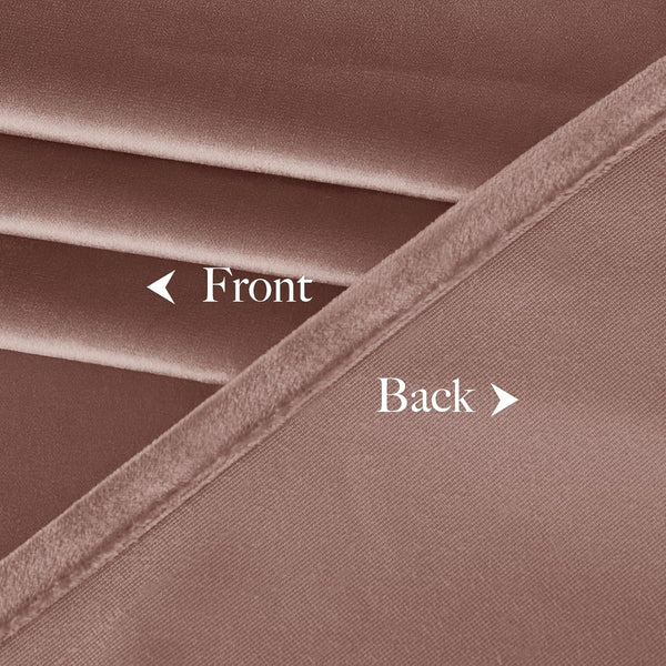 Visual comparison of a dusty rose velvet fabric's soft front and its neatly woven, textured back.