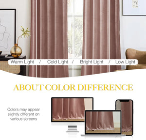 Full-length dusty rose velvet curtains with a soft texture draped over a living room window, showing subtle folds.