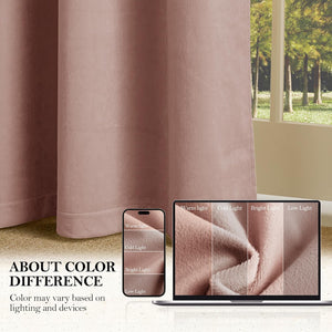 Dusty rose velvet curtains, close-up showing plush texture and color variations under different lighting.