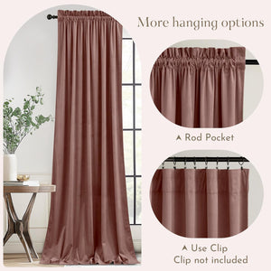 Dusty rose velvet curtain panel with gathered rod pocket top, also supporting clip rings for hanging.