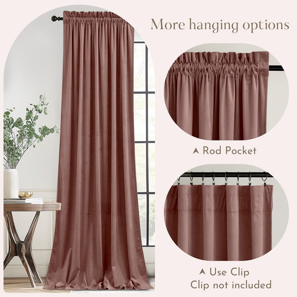 Dusty rose velvet curtain panel with gathered rod pocket top, also supporting clip rings for hanging.