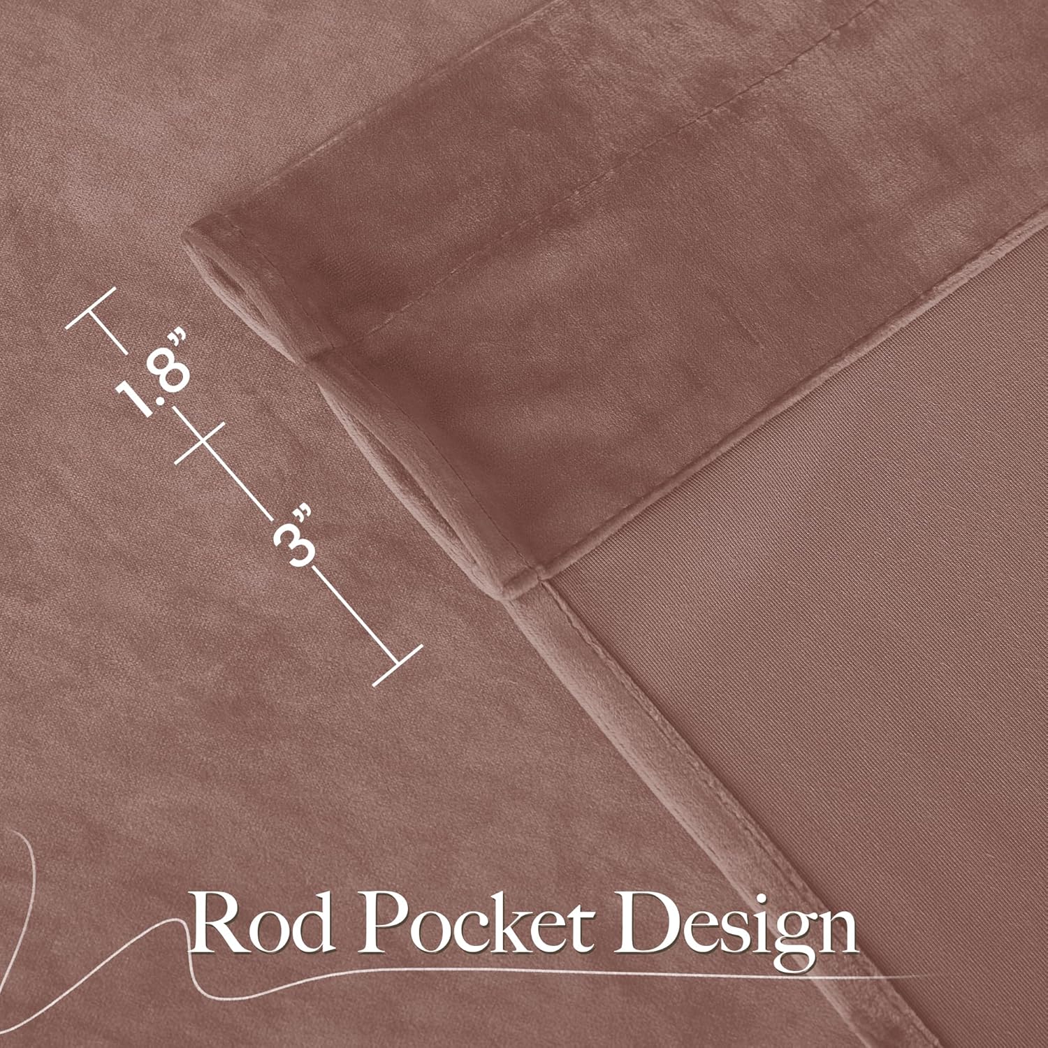 Close-up of dusty rose velvet curtain top showing 3-inch rod pocket and 1.8-inch header.