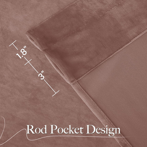 Close-up of dusty rose velvet curtain top showing 3-inch rod pocket and 1.8-inch header.