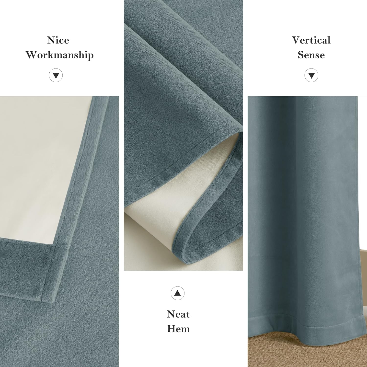 Close-up of a dusty teal velvet blackout curtain panel with cream lining and neat bottom hem.
