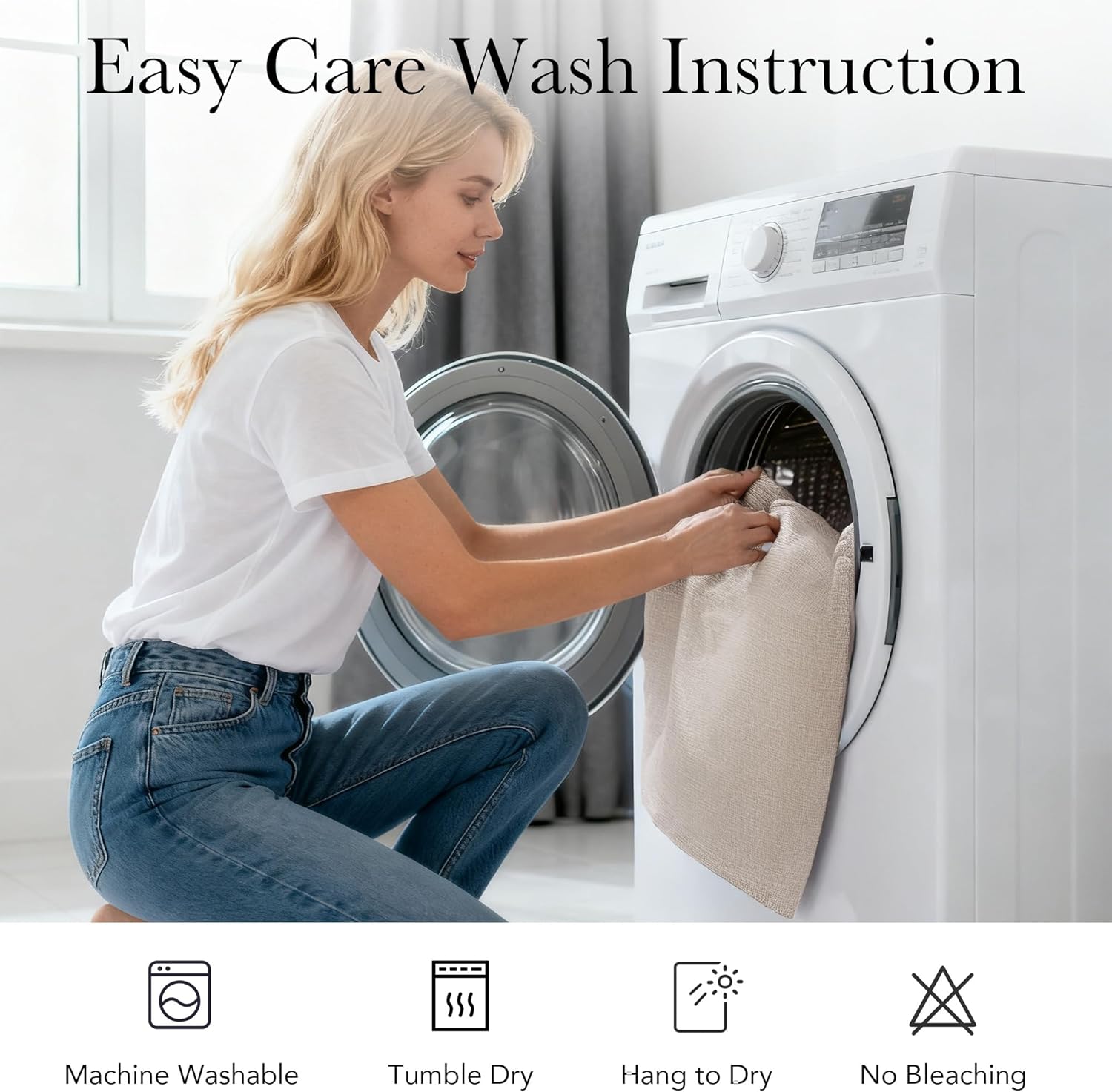 Light beige textured bath mat being placed into a washing machine, showcasing its machine washable easy care feature.