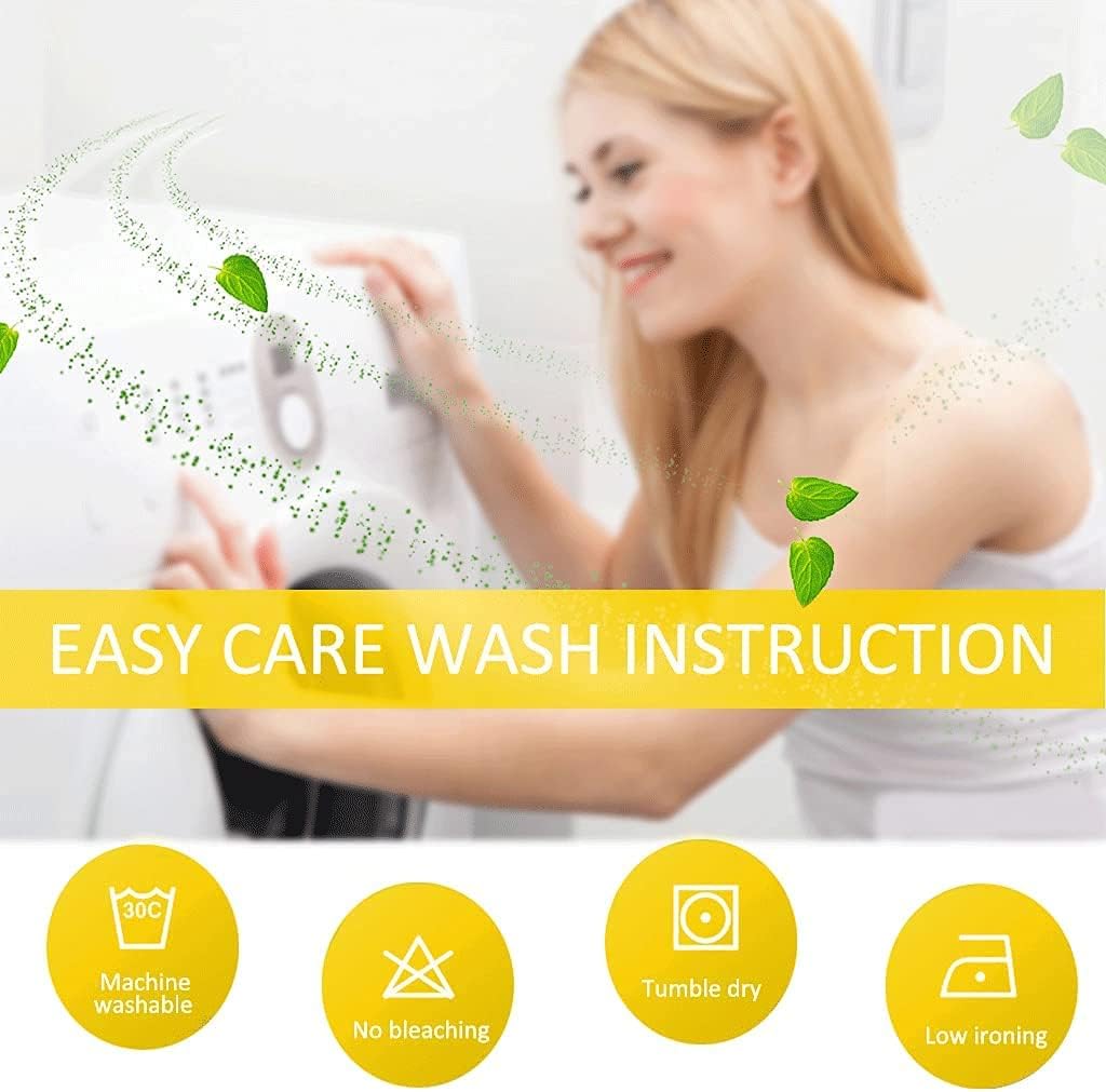 Yellow 'Easy Care Wash Instruction' banner with icons: machine washable, no bleach, tumble dry, low iron.