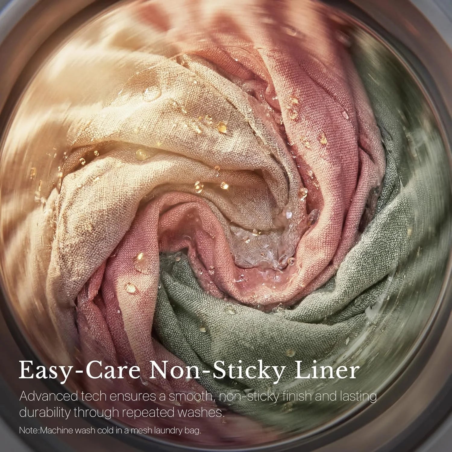 Wet pink, beige, and green fabric tumbling in a washing machine, showcasing easy-care non-sticky liner technology.