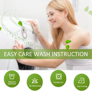 Easy care wash instructions with woman at washing machine and laundry care symbols.