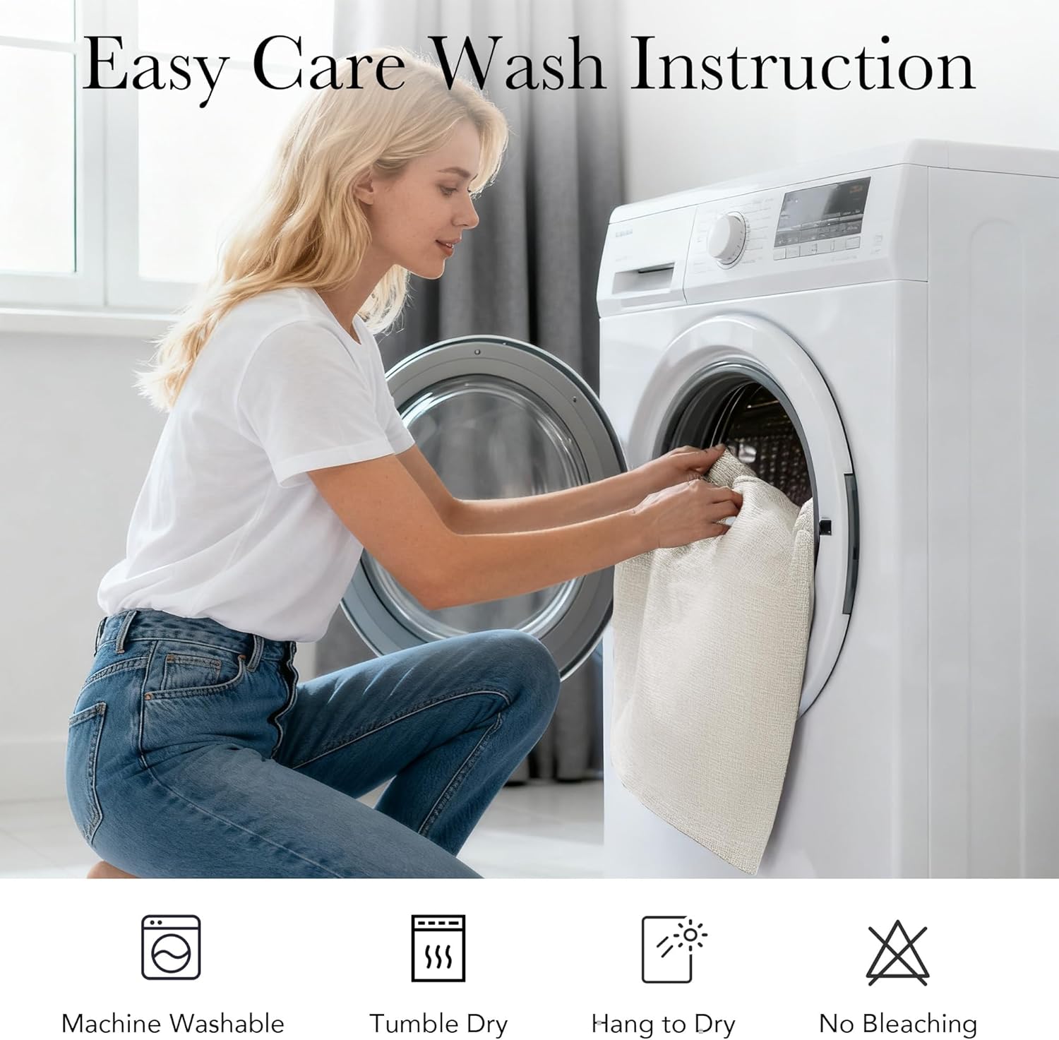 Blonde woman putting a machine washable, textured light beige rug into a front-loading washing machine.