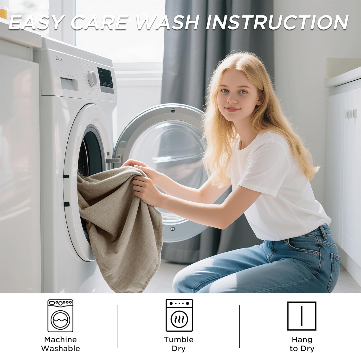 Blonde woman loads textured beige linen fabric into washing machine, showing easy care.