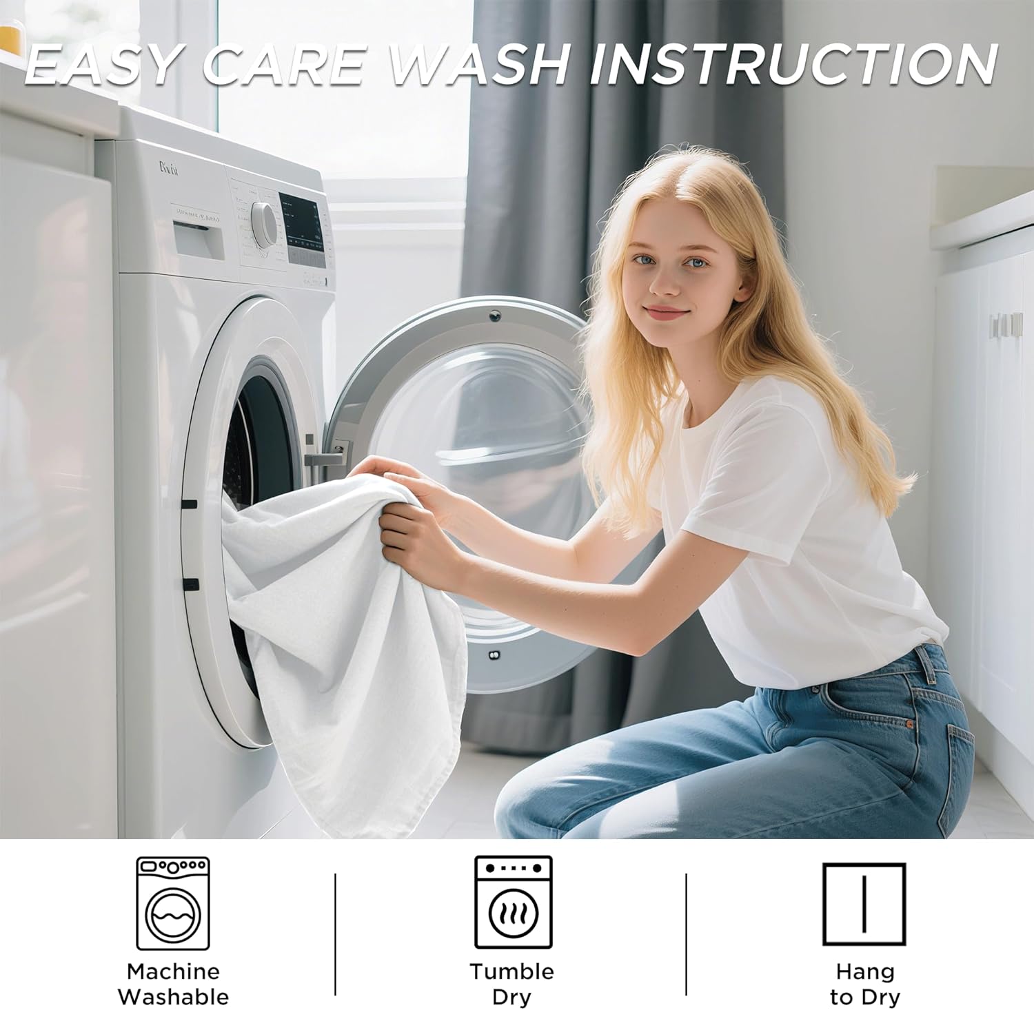 Young woman loading white textured fabric into washing machine, demonstrating easy care wash instructions.