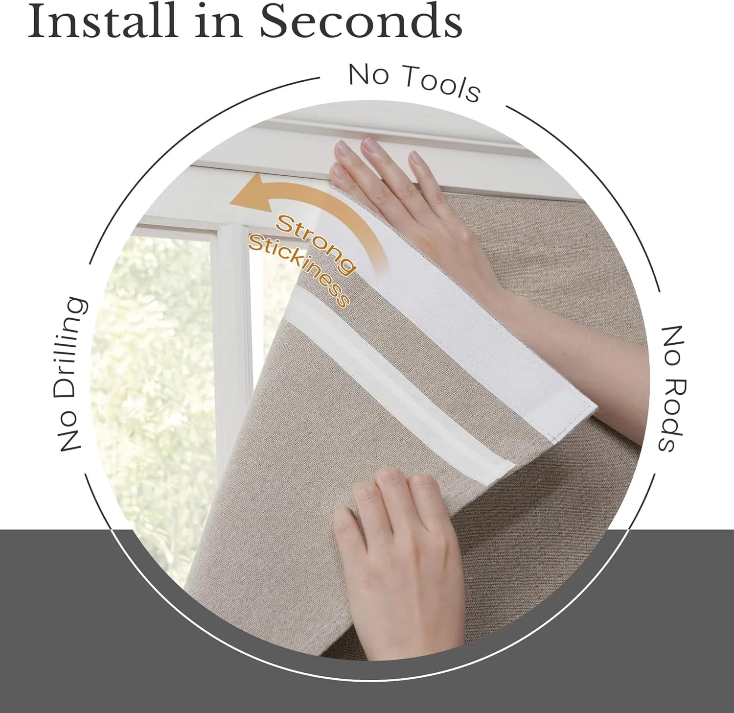 Hands installing a beige stick-on window shade with strong adhesive, no tools required.