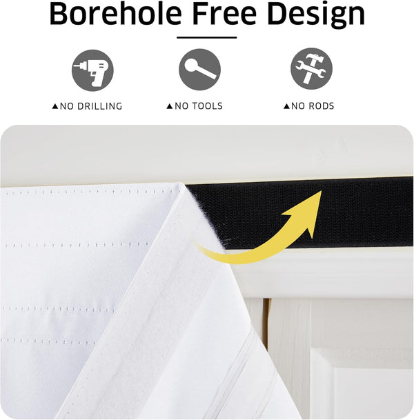 White curtain attaching to frame with black hook-and-loop fastener. No-drill, no-tools installation shown.