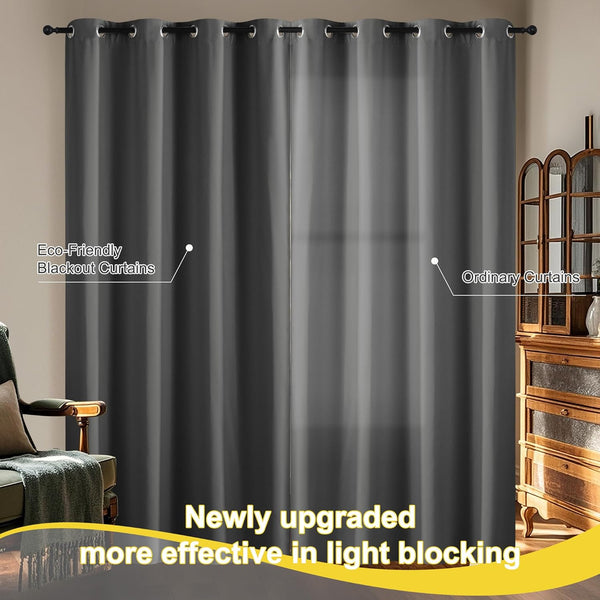 Eco-friendly charcoal gray blackout curtains with silver grommets hanging, highlighting effective light blocking.