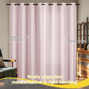 Eco-friendly light pink blackout curtains with black grommet tops, demonstrating strong light blocking.