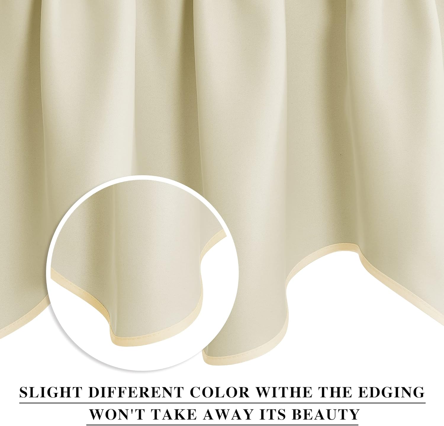 Close-up of an ecru twill curtain fabric with soft folds, showing a subtly contrasting warmer beige colored hem.