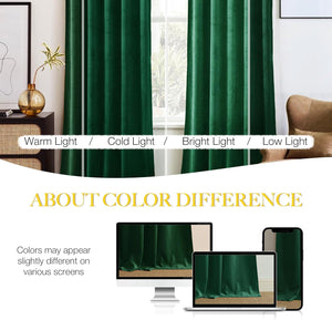Emerald green velvet blackout curtains with a rich texture, hanging beautifully by a window.