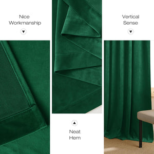 Emerald green velvet curtains displaying luxurious texture, neat stitching, and a clean, full-length drape.