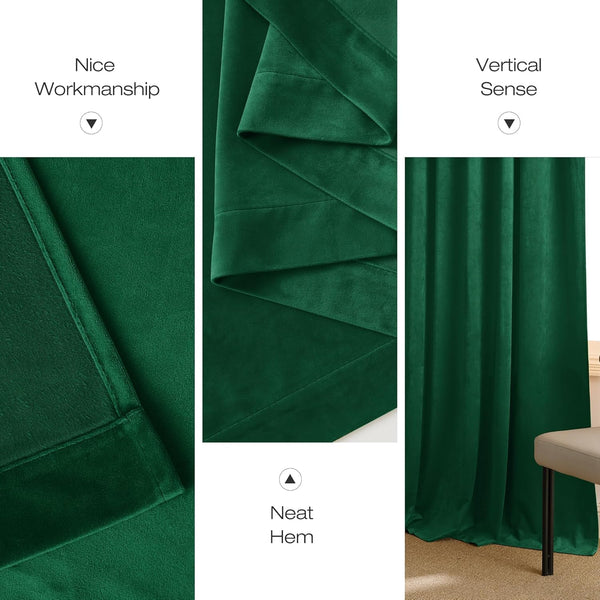 Emerald green velvet curtains displaying luxurious texture, neat stitching, and a clean, full-length drape.