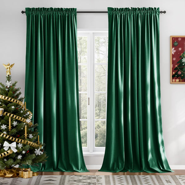 Pair of emerald green velvet curtains with gathered rod pocket top, elegantly draped.