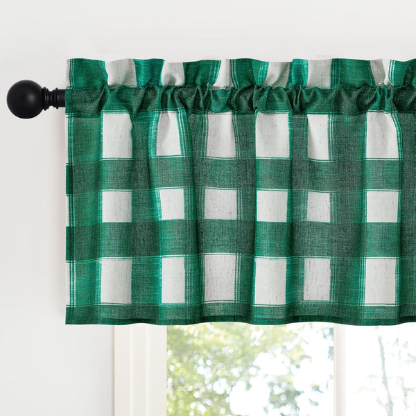 Emerald green and white checkered valance with a gathered rod pocket, on a black curtain rod.