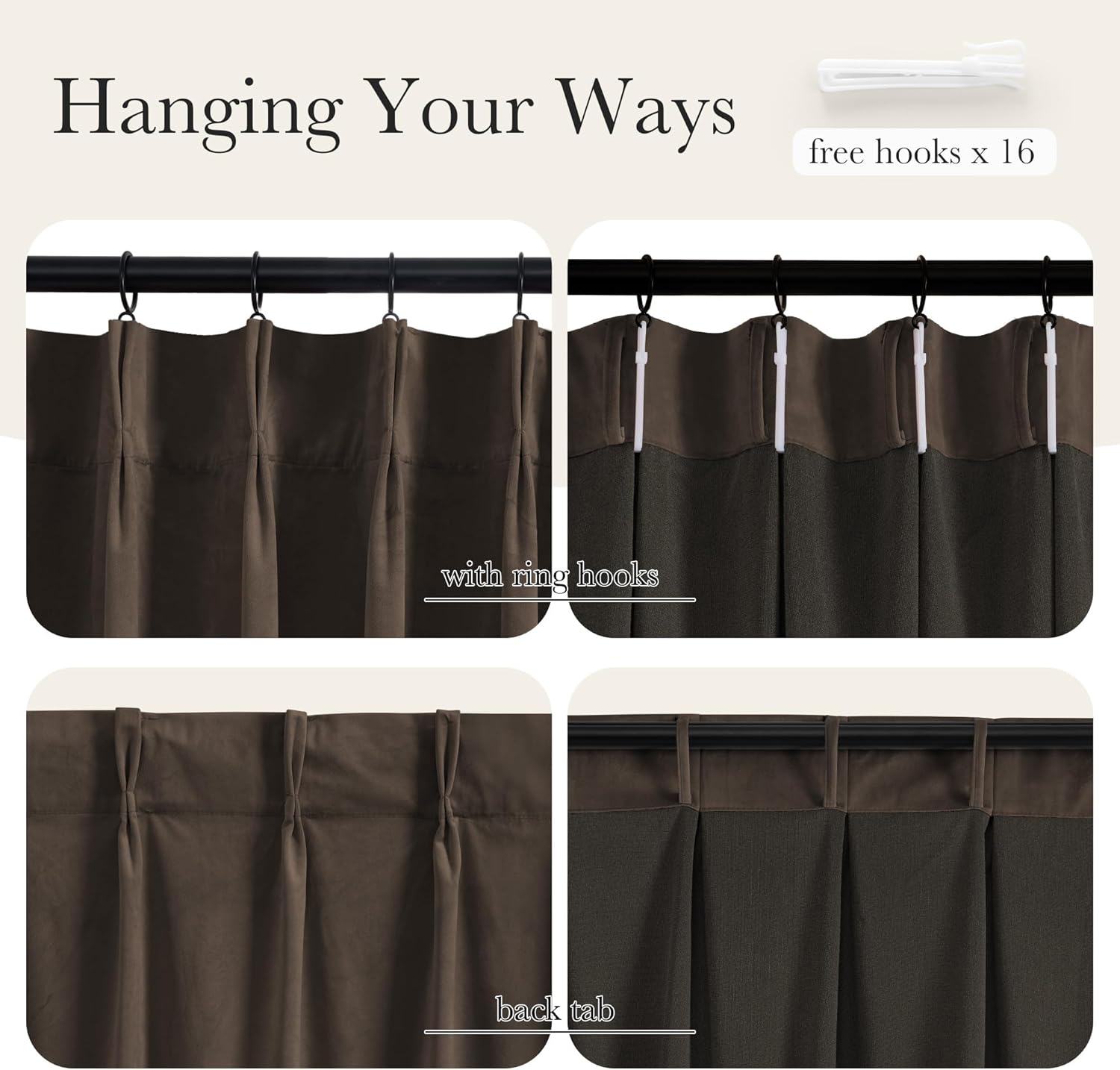 Dark brown curtains displaying versatile hanging options: ring hooks, pinch pleats, and back tabs.