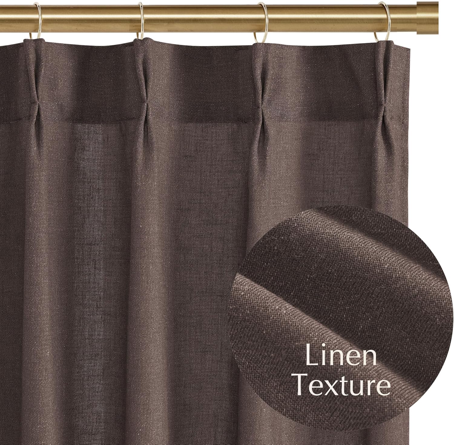 Espresso brown linen curtain with a pleated top, hanging from a gold rod, showing woven texture.