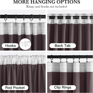 Brown and white striped curtains displaying four hanging options: hooks, back tab, rod pocket, clip rings.