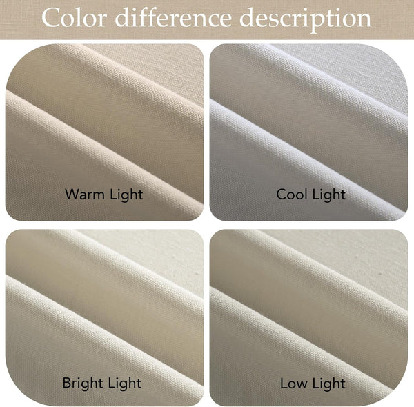 Four light beige fabric swatches illustrating color difference under warm, cool, bright, and low lighting conditions.