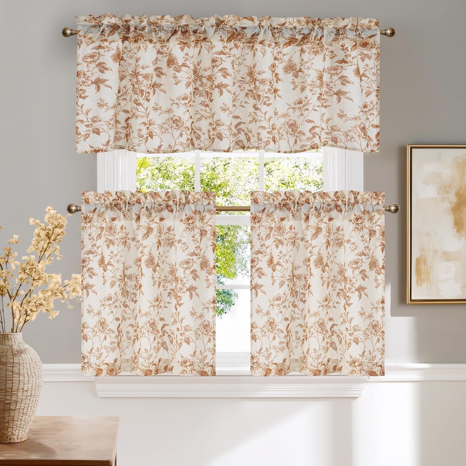 Farmhouse style valance and cafe tier curtains featuring a delicate rust floral pattern on off-white fabric.