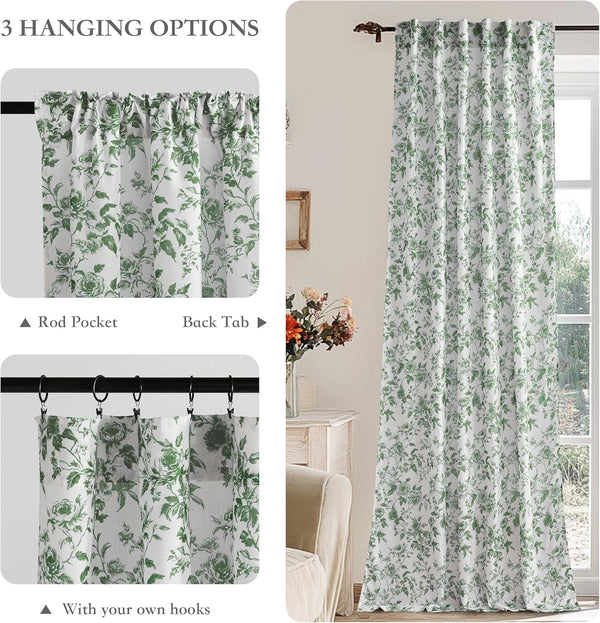 White farmhouse style curtains with a green rose floral pattern. Displays versatile hanging options: rod pocket, back tab, and for use with hooks.