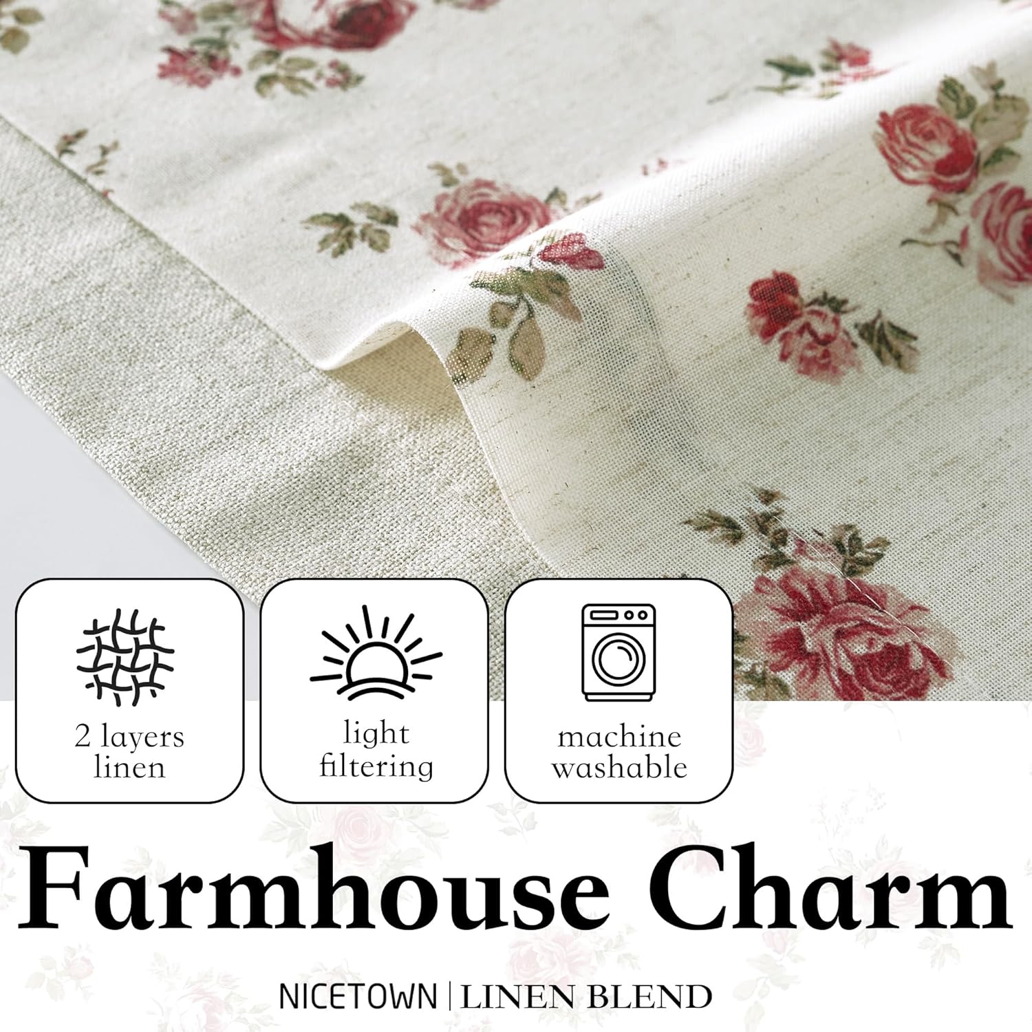 Off-white linen blend fabric with red rose floral pattern, two layers, light filtering, machine washable.