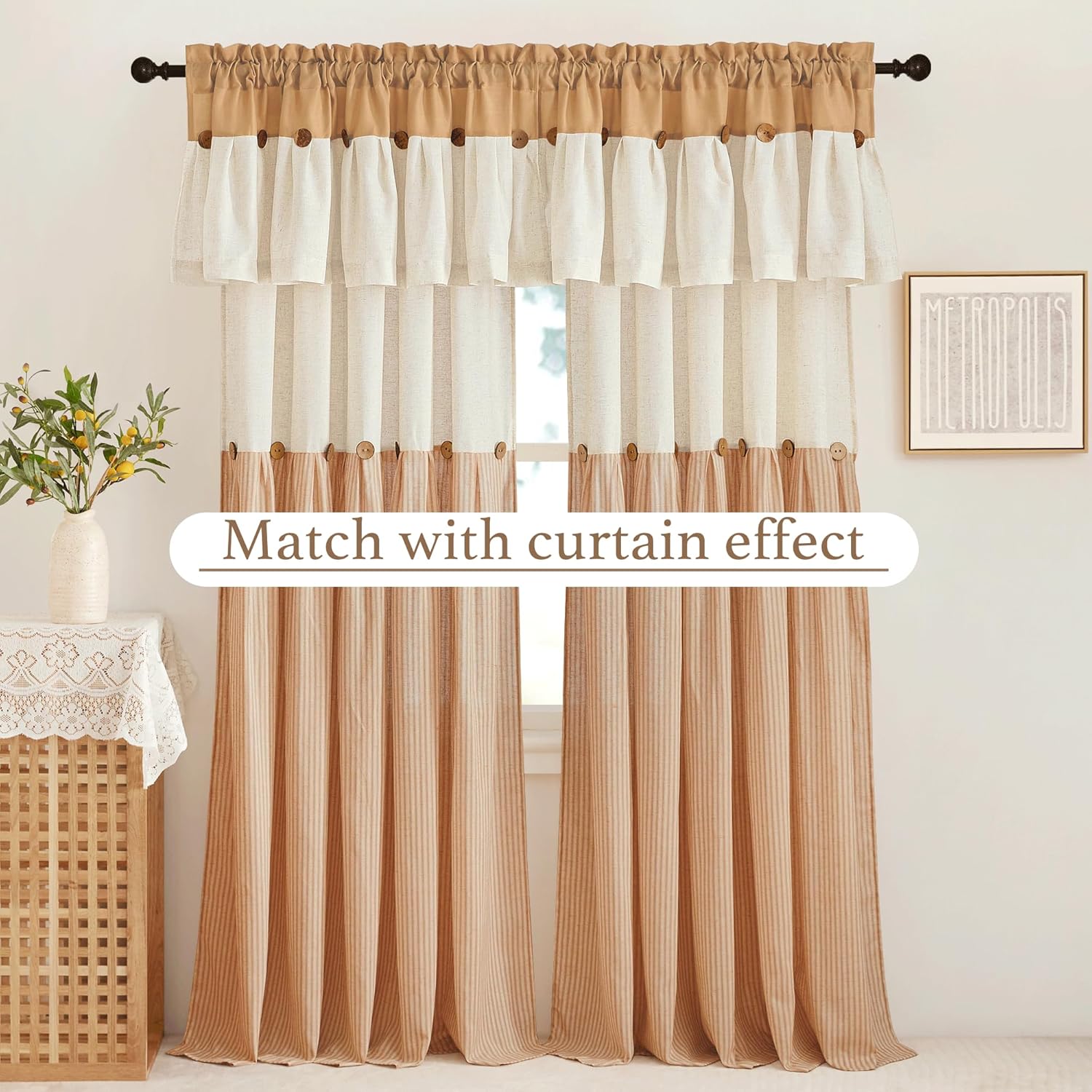 Farmhouse beige cream curtain panels with tiered valance and decorative wood buttons.