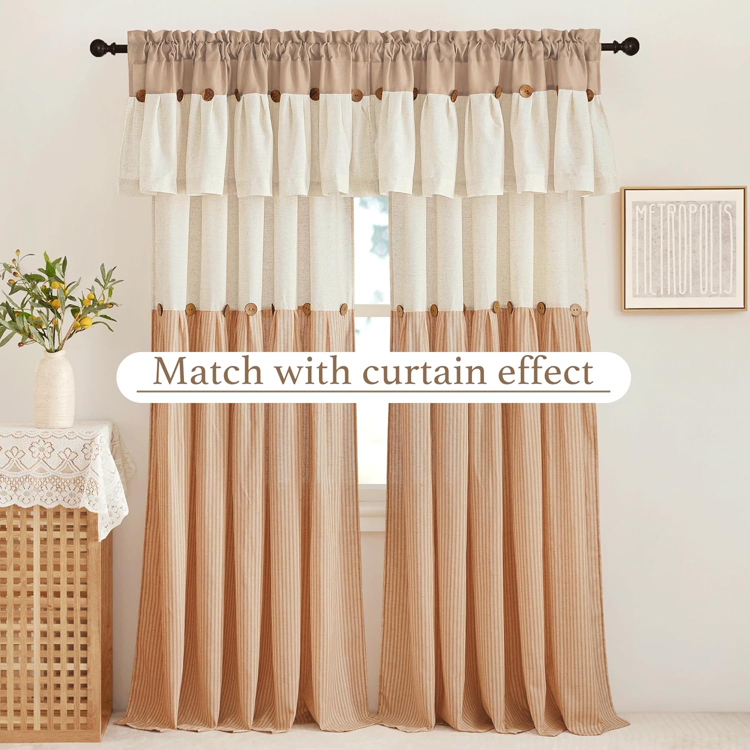 Beige, cream, and brown striped rustic two-tone window curtains with wooden button accents.