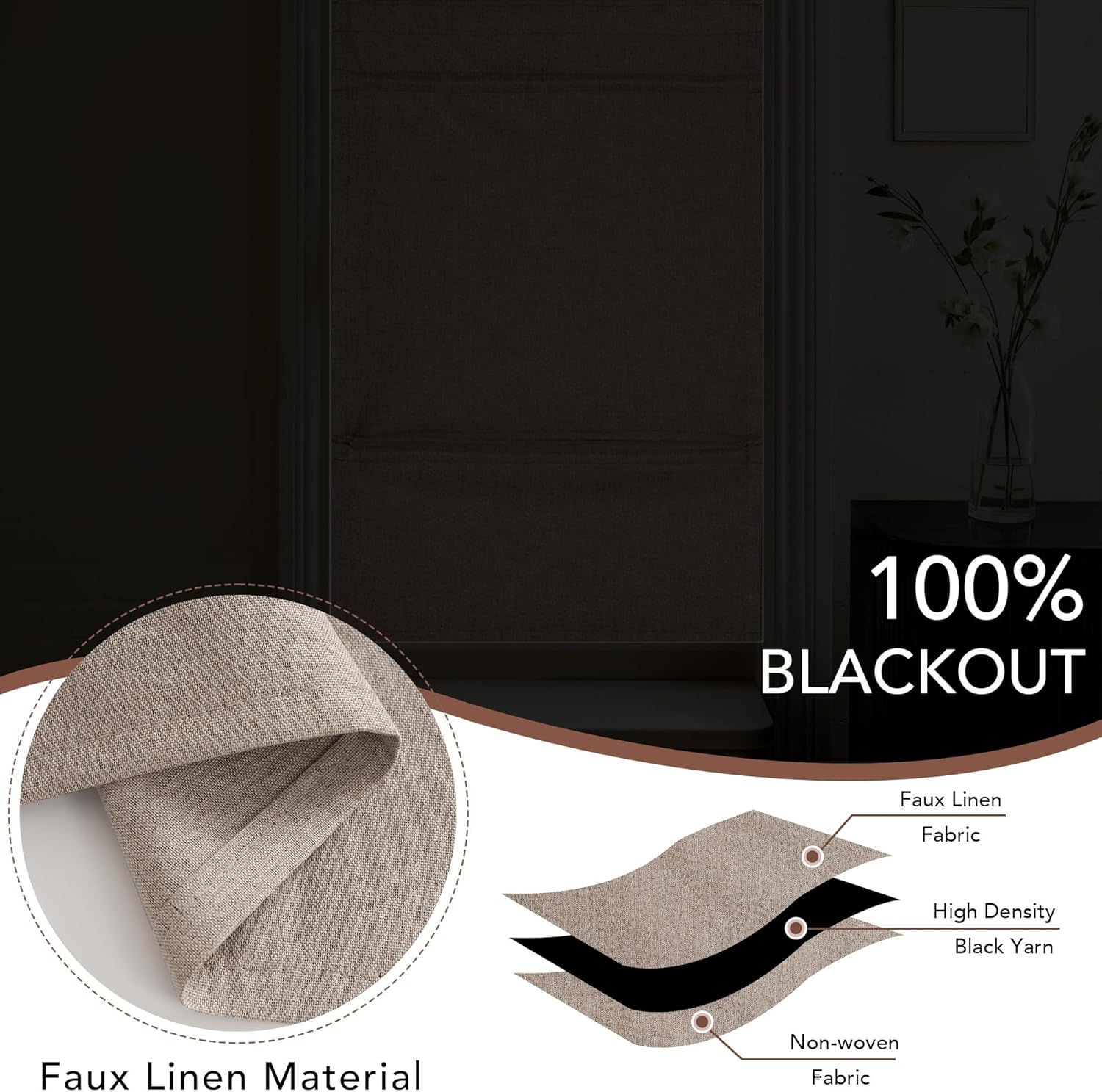 Dark Roman window shade demonstrating 100% blackout in a room. Close-up of beige faux linen layered fabric.
