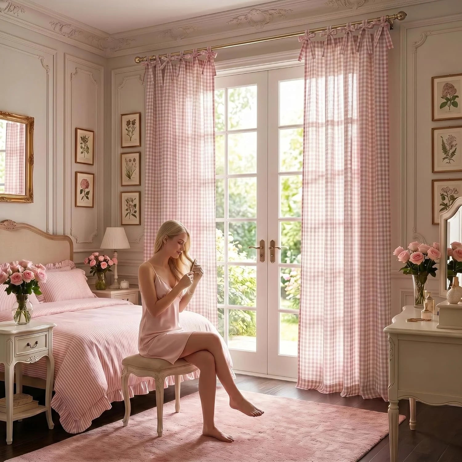 Blonde woman combing hair in elegant pink bedroom with striped bedding and gingham sheer curtains.