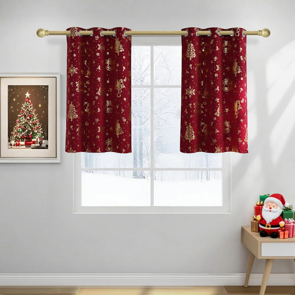 Red Christmas curtains with golden trees, bells, and snowflakes. Grommet top on gold rod.