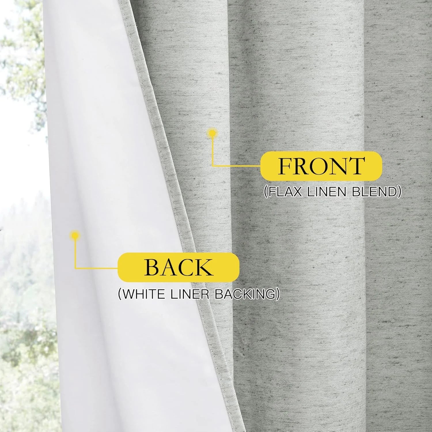 Close-up of flax linen blend curtain front with white liner backing on reverse