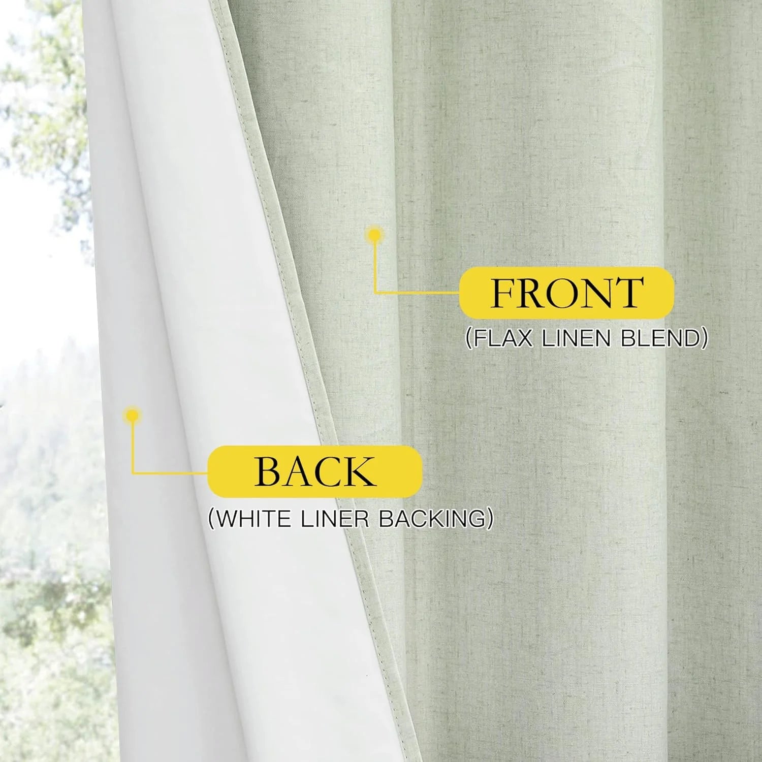 Close-up of flax linen blend curtain front with white liner backing at window